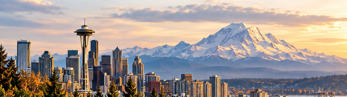 Seattle skyline with Mount Rainier at sunset