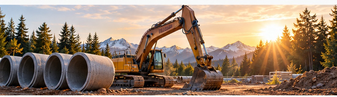 Excavator and concrete pipe at a construction site at sunset